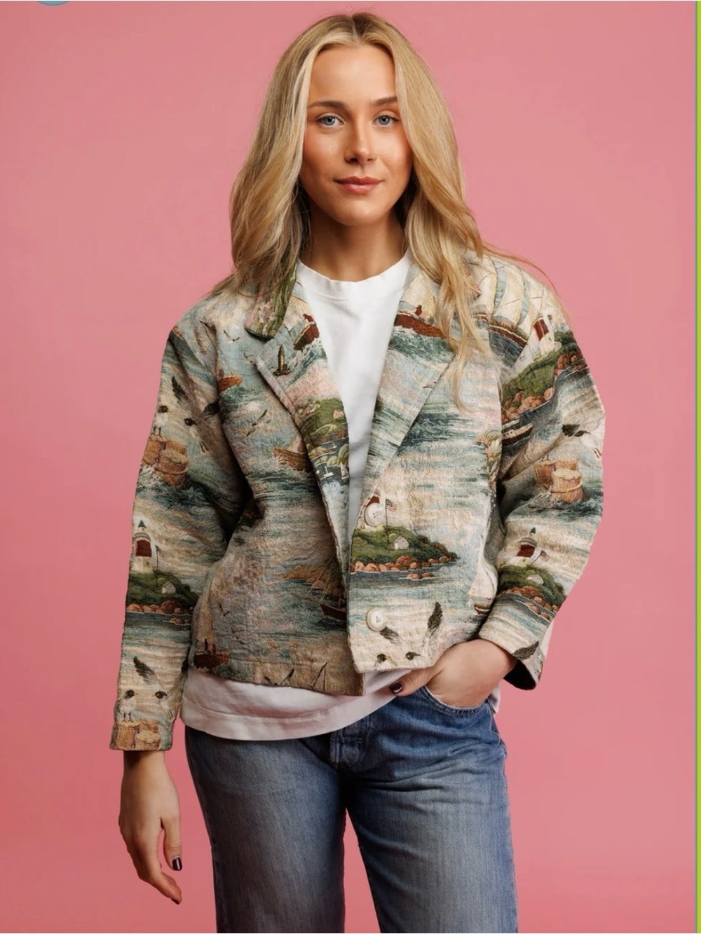VTG 80s 90s Black Mountain cropped lighthouse sailboats tapestry jacket S